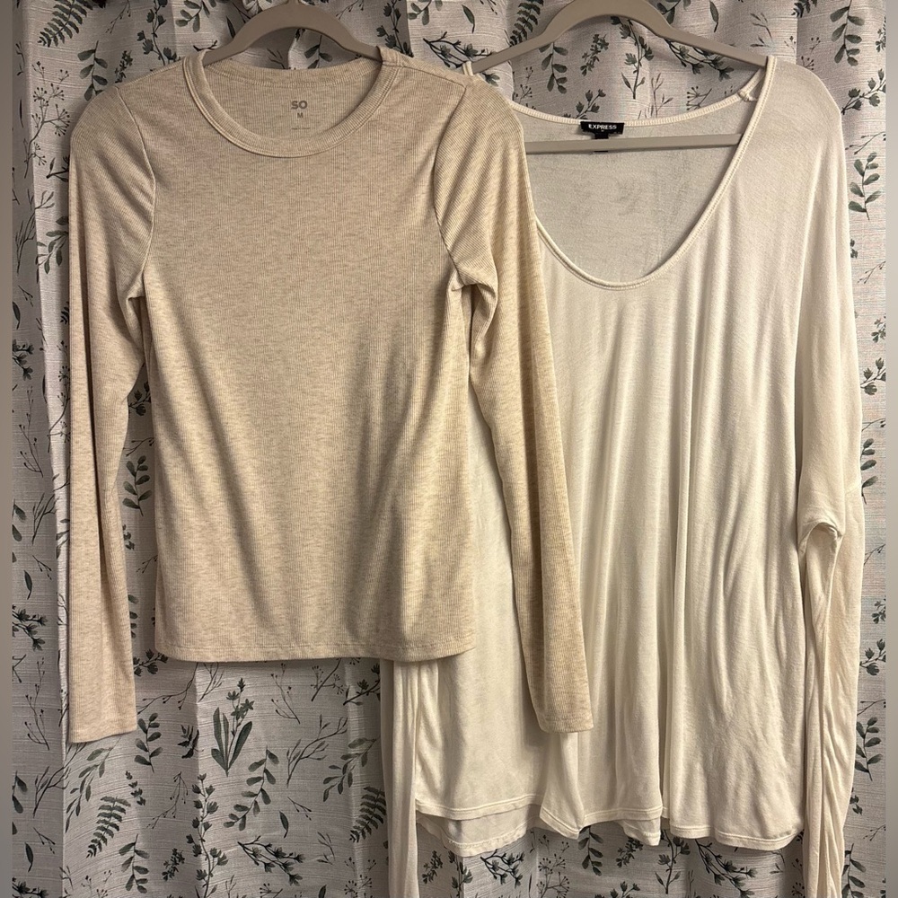 SO Light Beige Long Sleeve Crew Neck Tee and V-Neck White Express Casual Tee